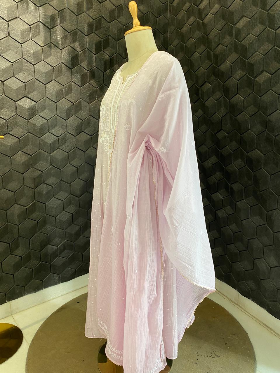 Lilac mul chanderi chikankari anarkali kurta set