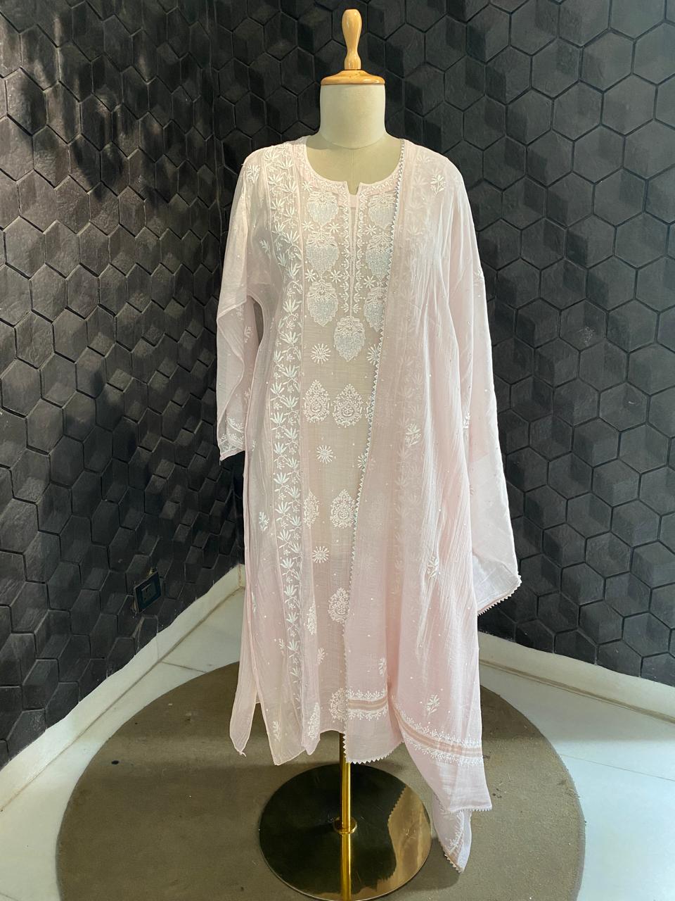 Pink Mul Chanderi Chikankari Kurta Set