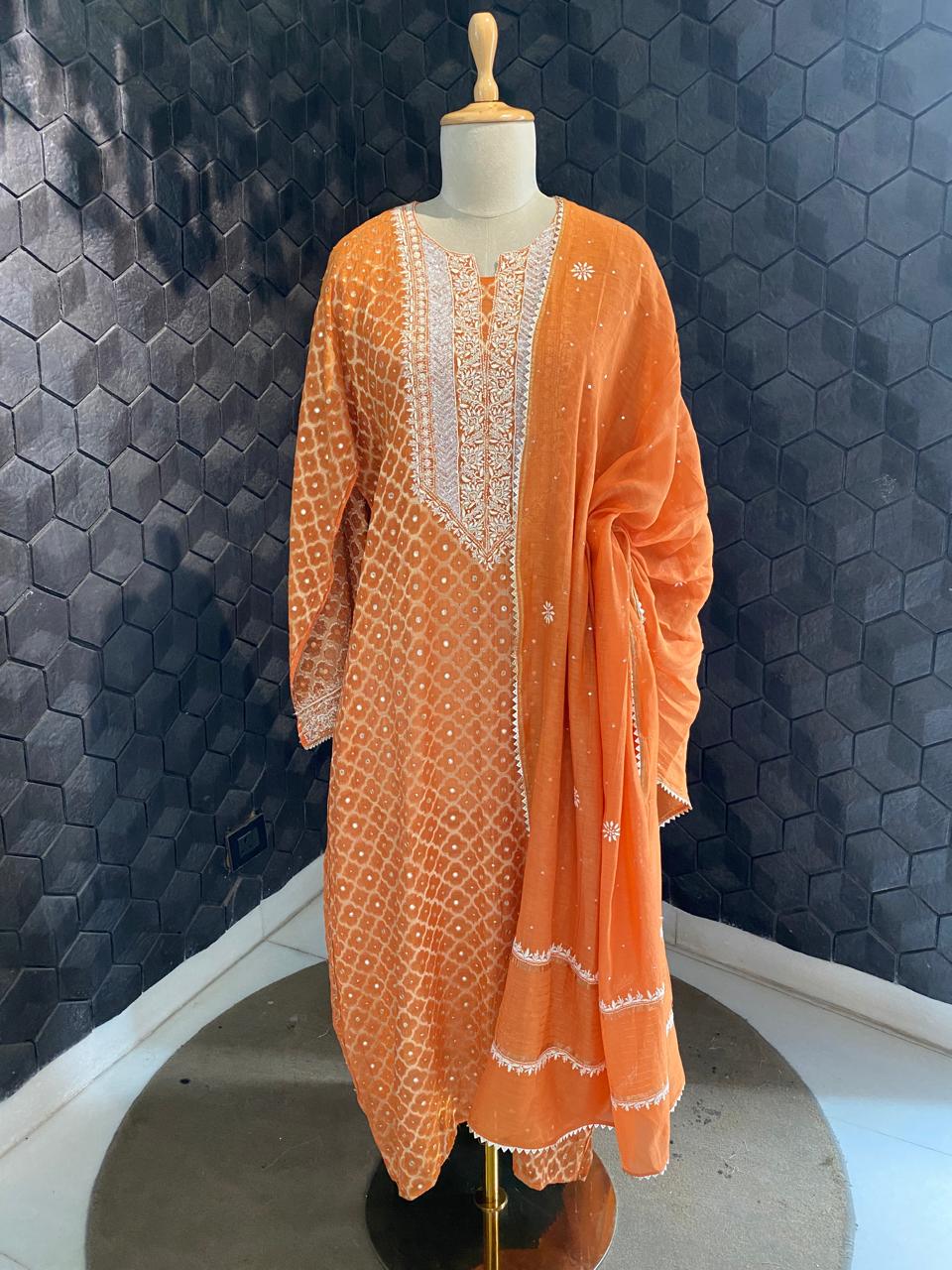 Orange Mul banarsi zari Box Chikankari kurta set