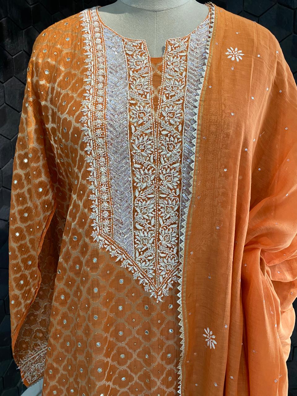 Orange Mul banarsi zari Box Chikankari kurta set