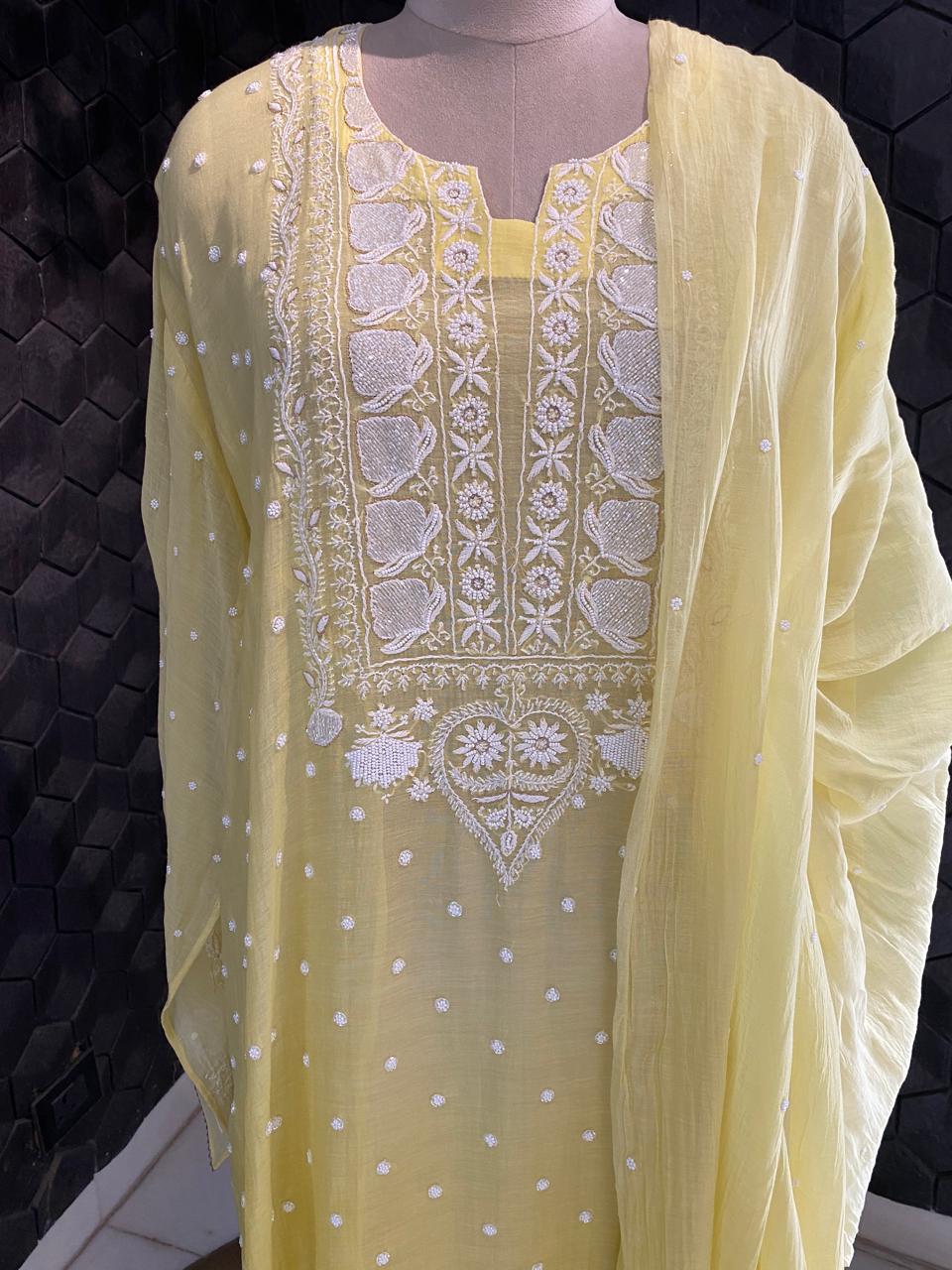 yellow Mul Chanderi Chikankari Kurta Set