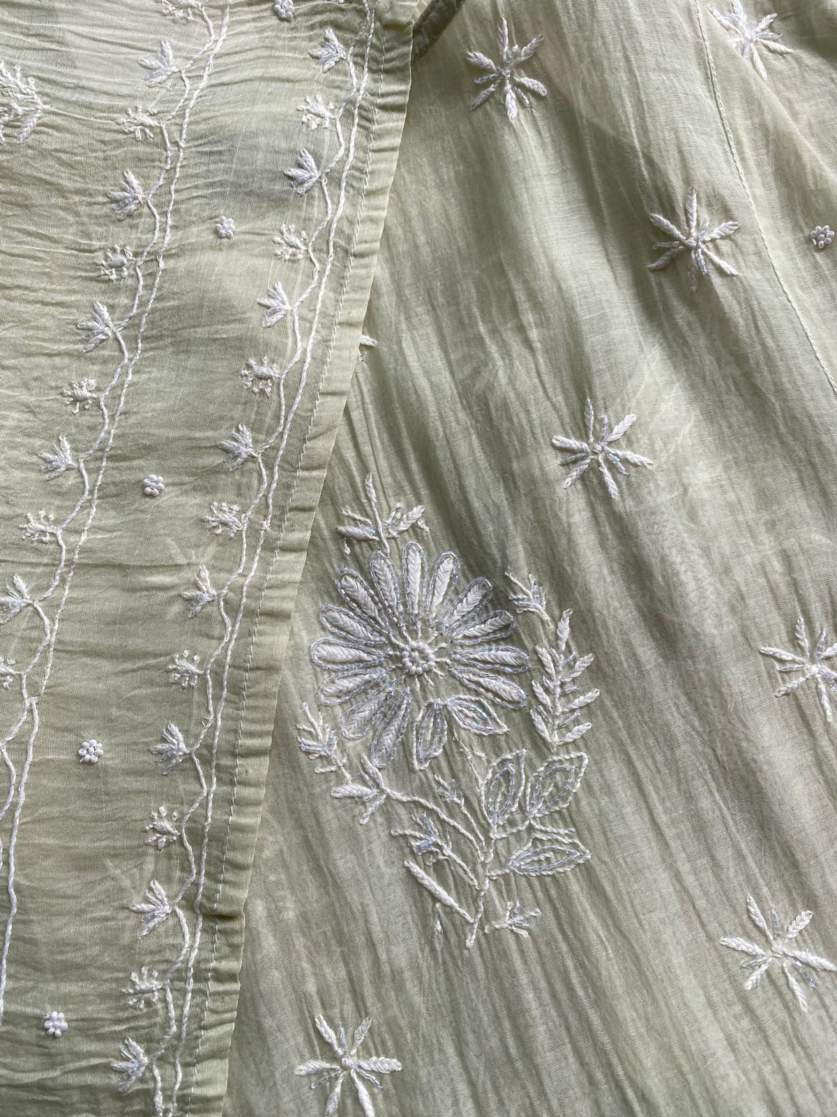 Pista Green Mul Chanderi Chikankari Kurta Set