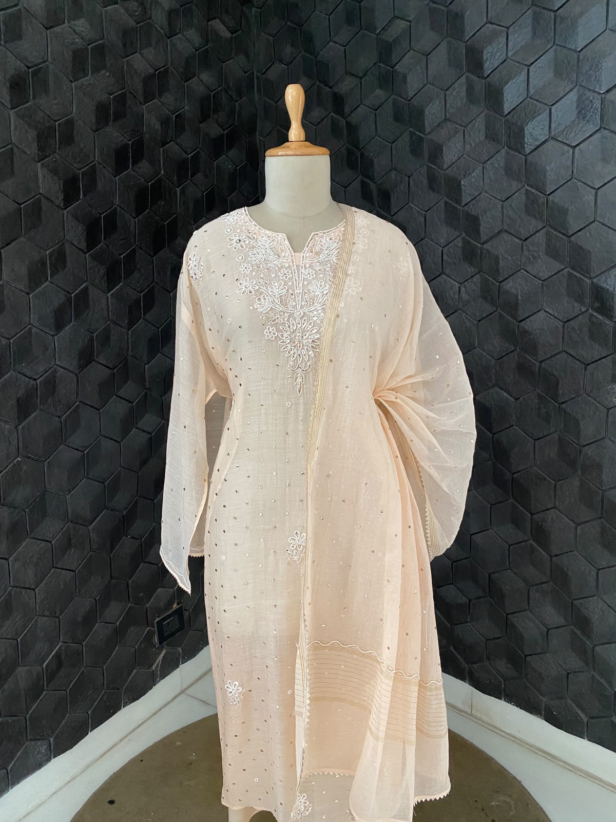 Peach Mul Chanderi Mukaish Kurta Set