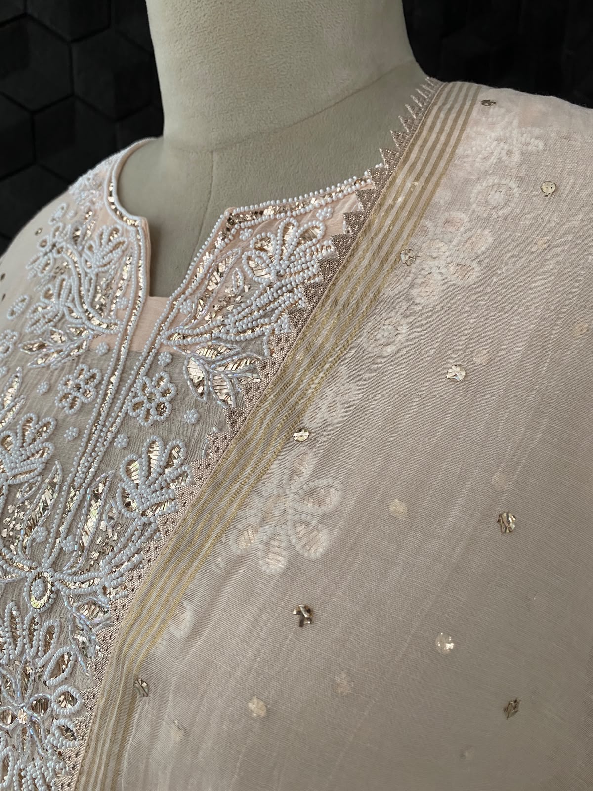 Peach Mul Chanderi Mukaish Kurta Set