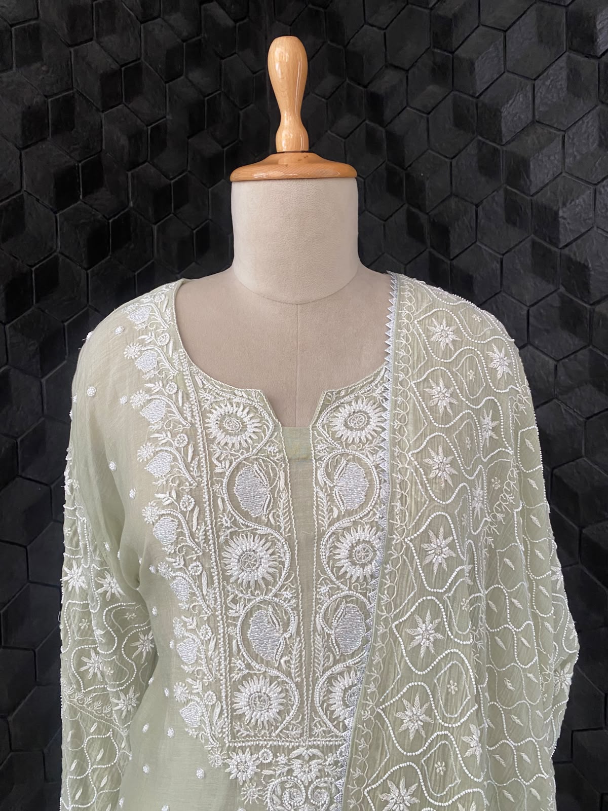 Sage Green Mul Chanderi Chikankari Kurta Set