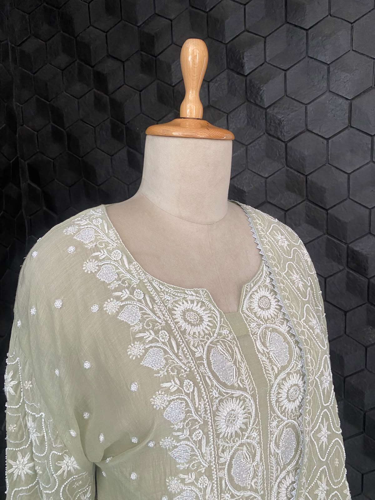 Sage Green Mul Chanderi Chikankari Kurta Set