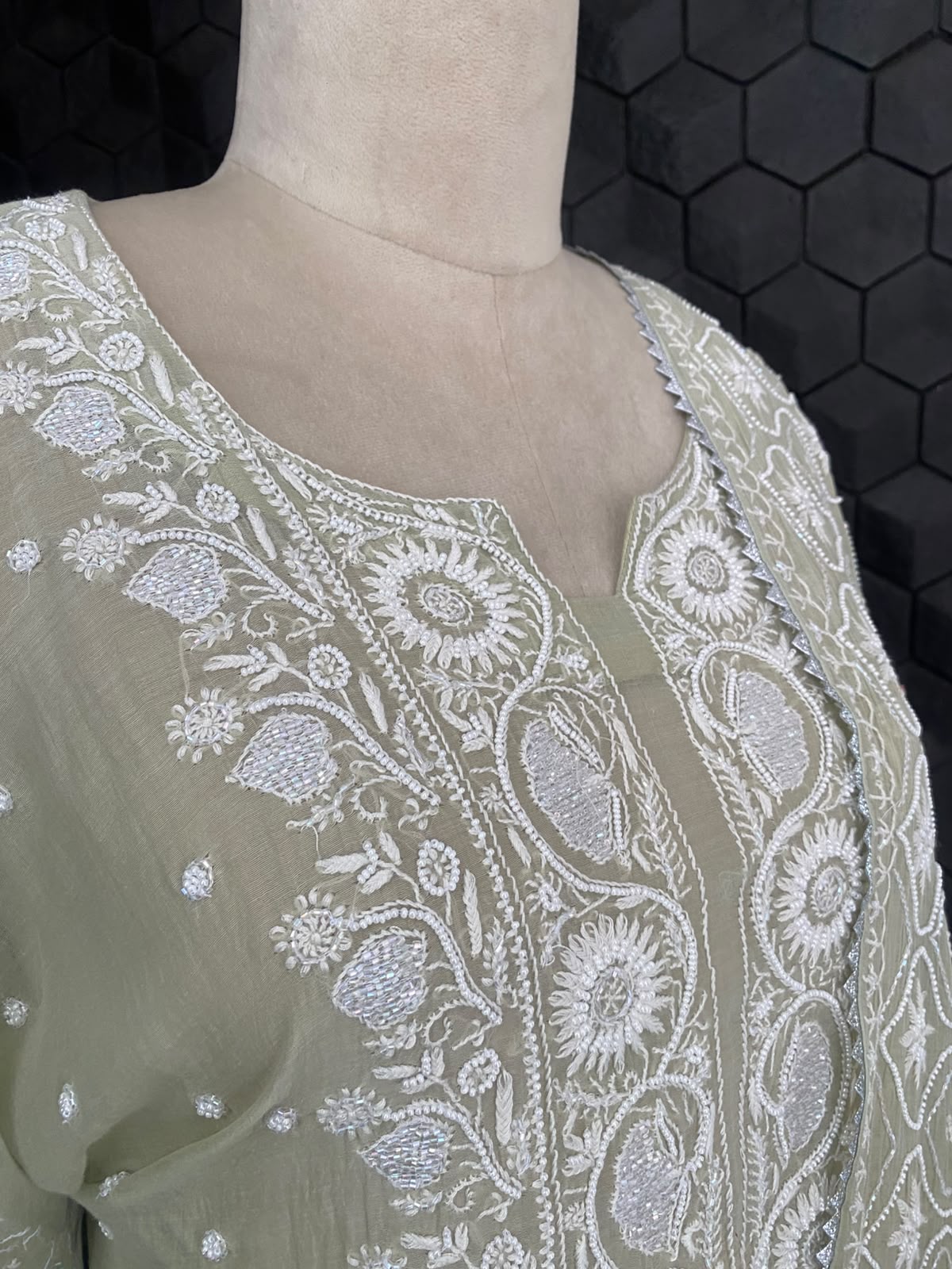 Sage Green Mul Chanderi Chikankari Kurta Set