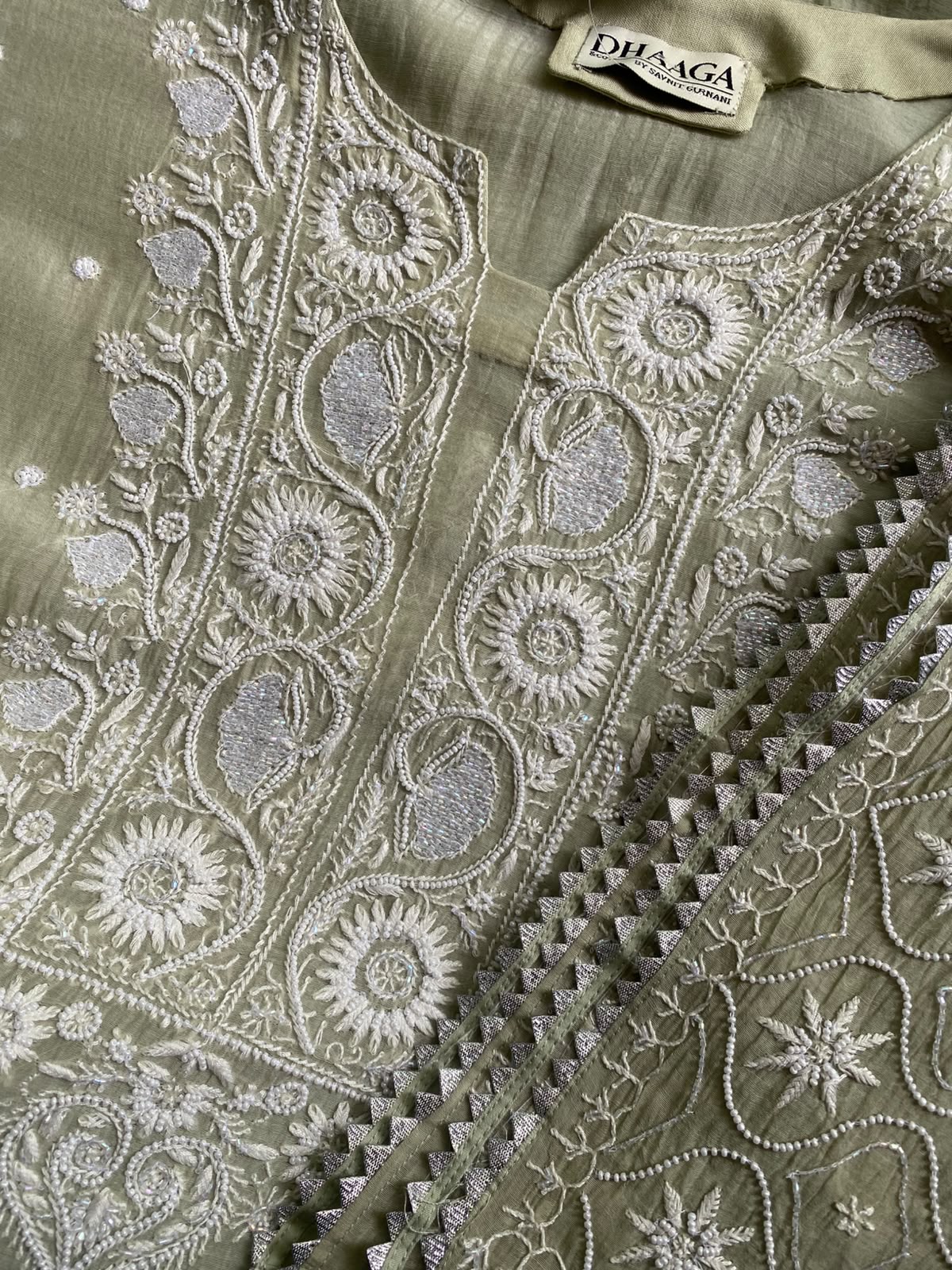 Sage Green Mul Chanderi Chikankari Kurta Set