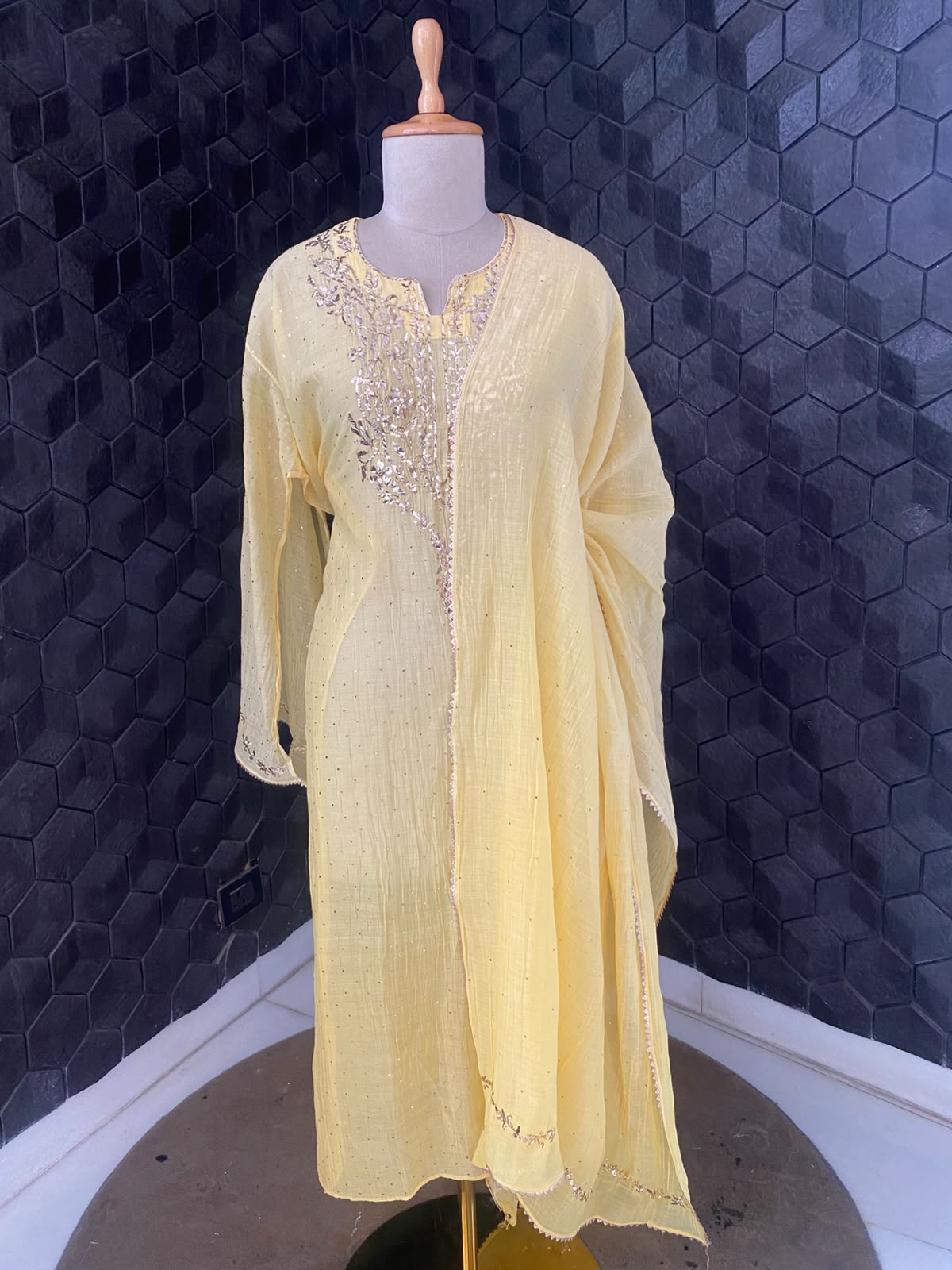 Champagne Yellow Mul Chanderi Mukaish Kurta Set