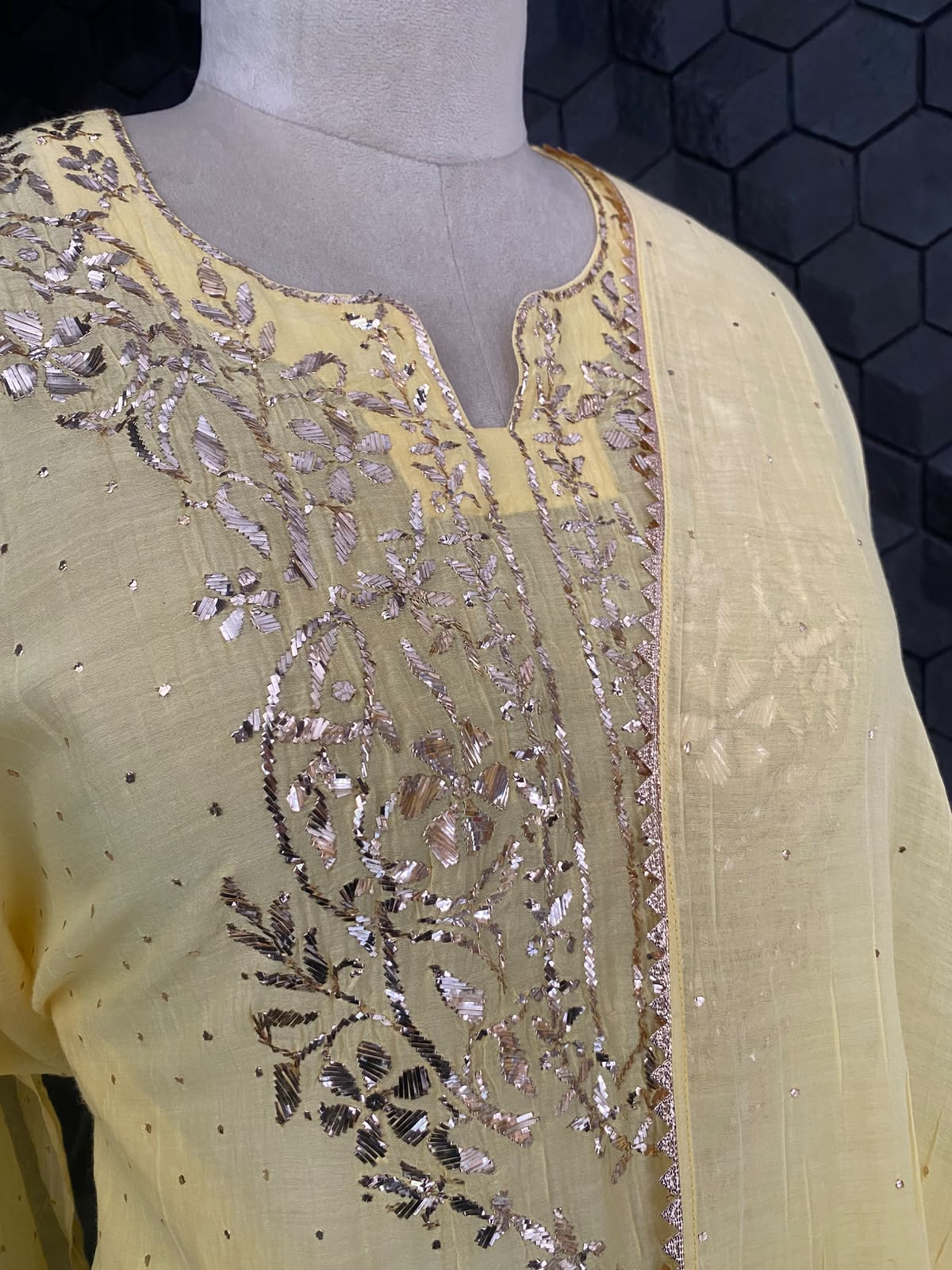 Champagne Yellow Mul Chanderi Mukaish Kurta Set