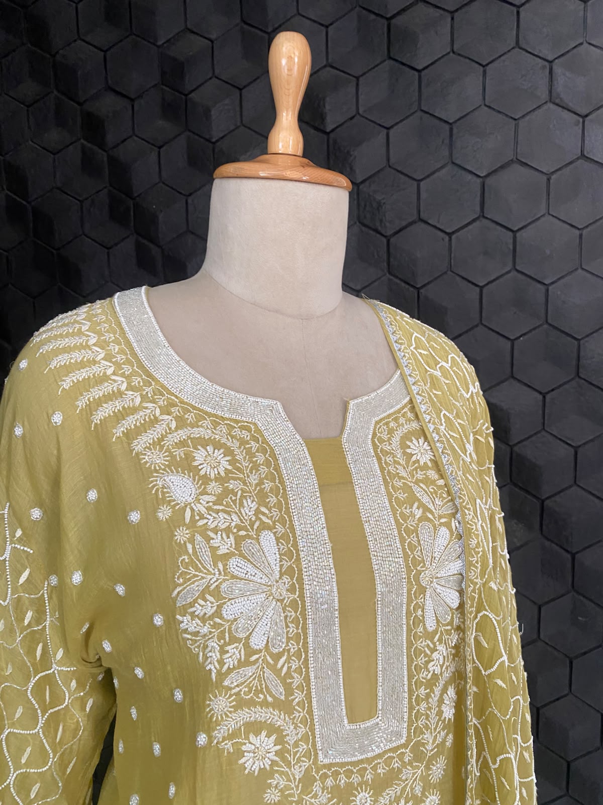 Olive Gold Chanderi Chikankari Kurta Set