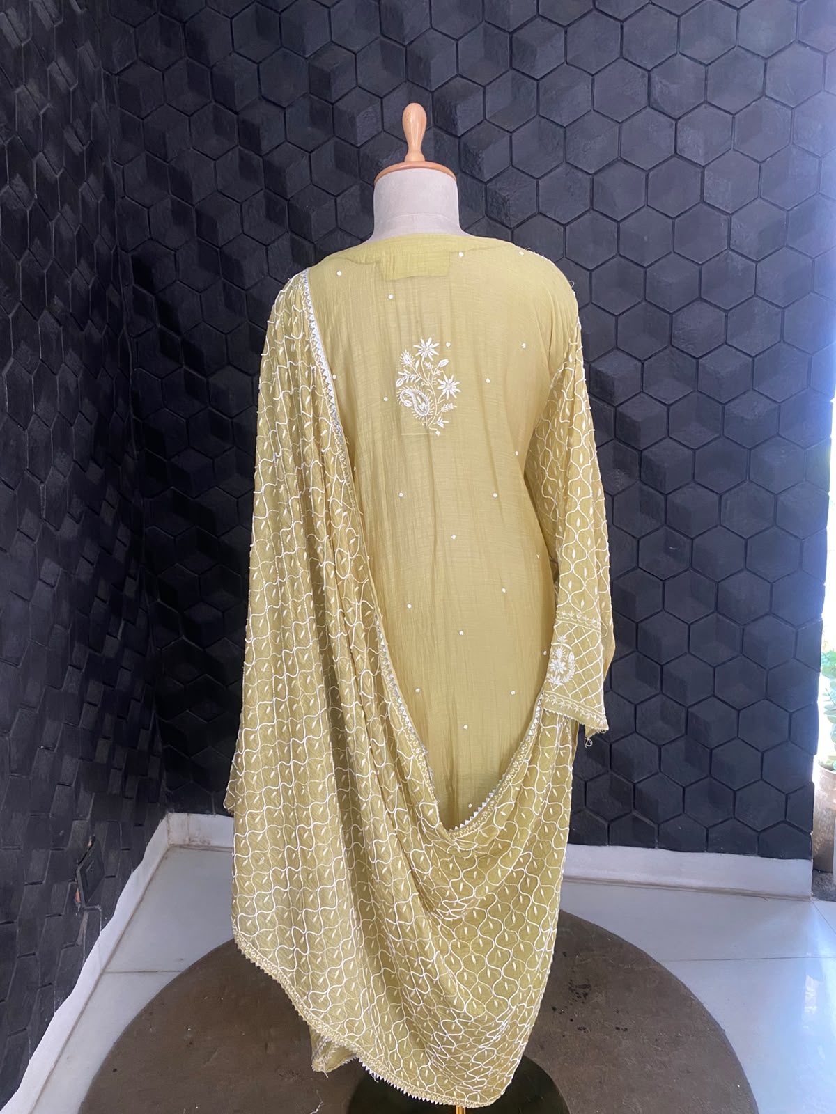 Olive Gold Chanderi Chikankari Kurta Set
