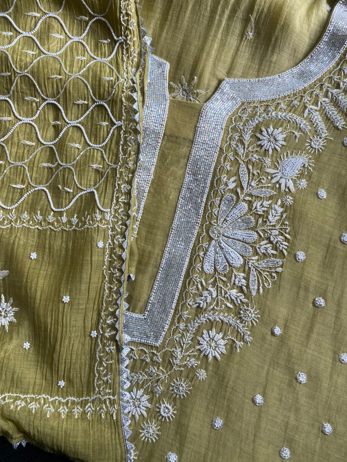 Olive Gold Chanderi Chikankari Kurta Set