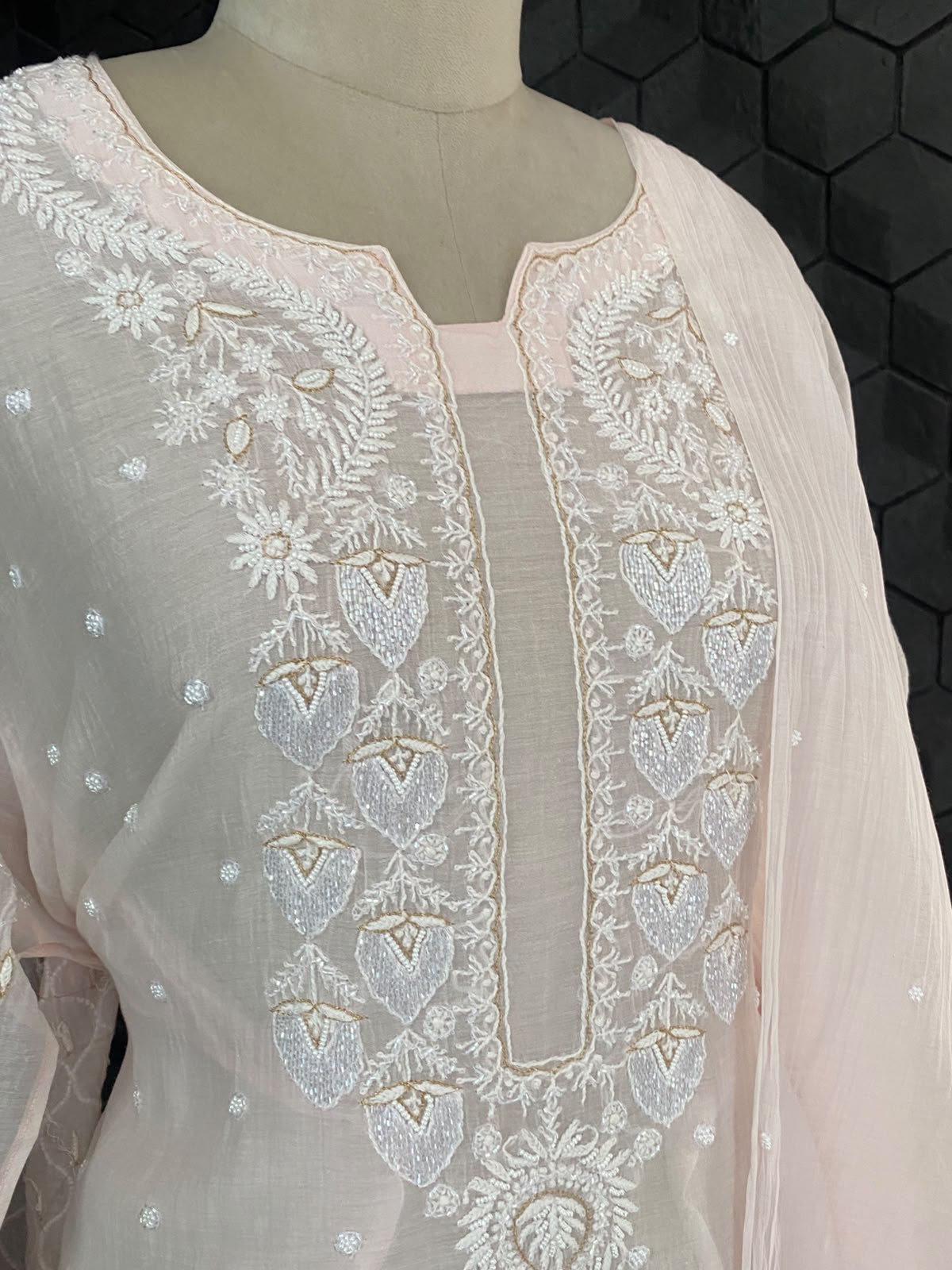 Blush Pink Mul Chanderi Chikankari Kurta Set