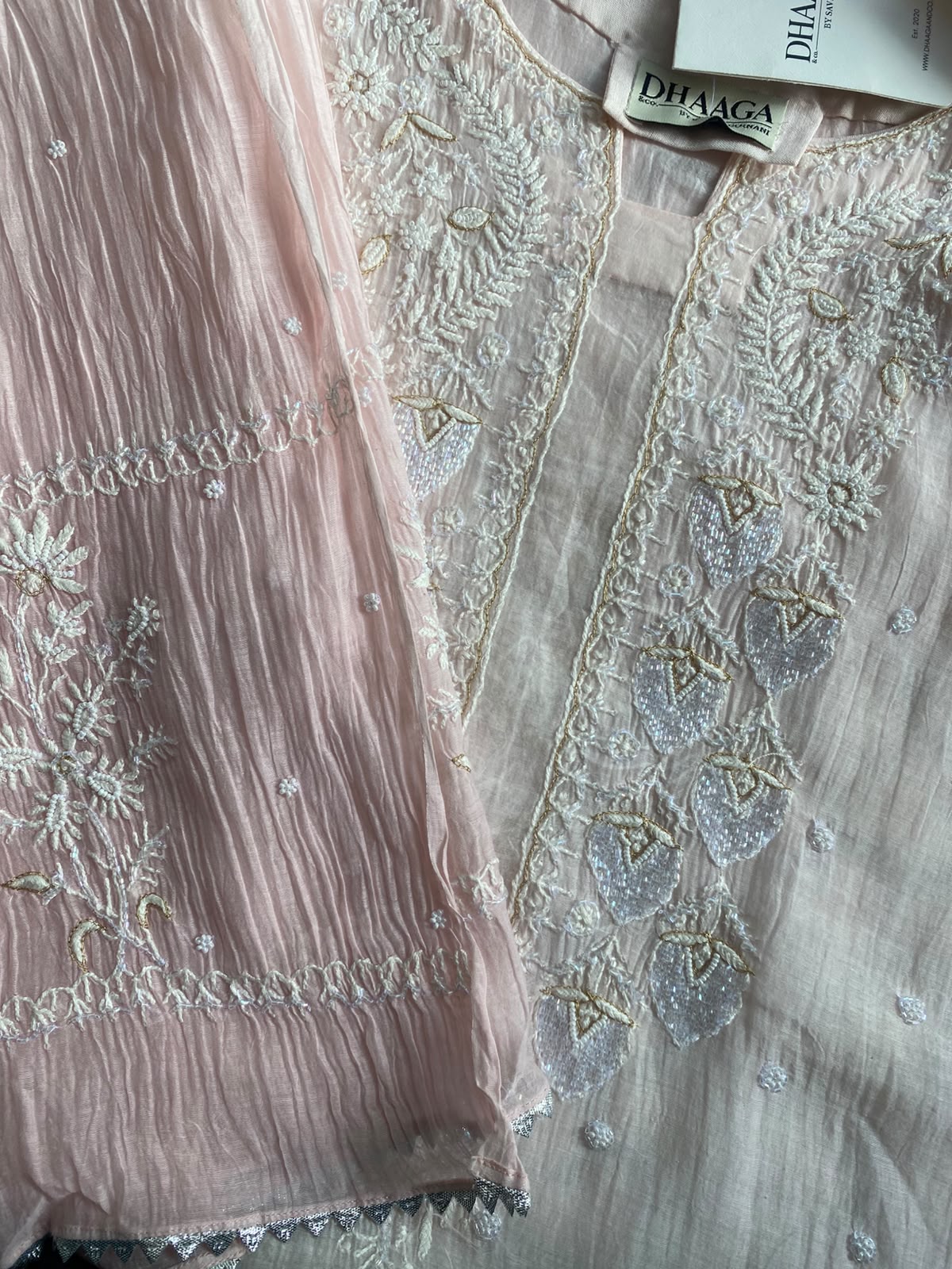 Blush Pink Mul Chanderi Chikankari Kurta Set