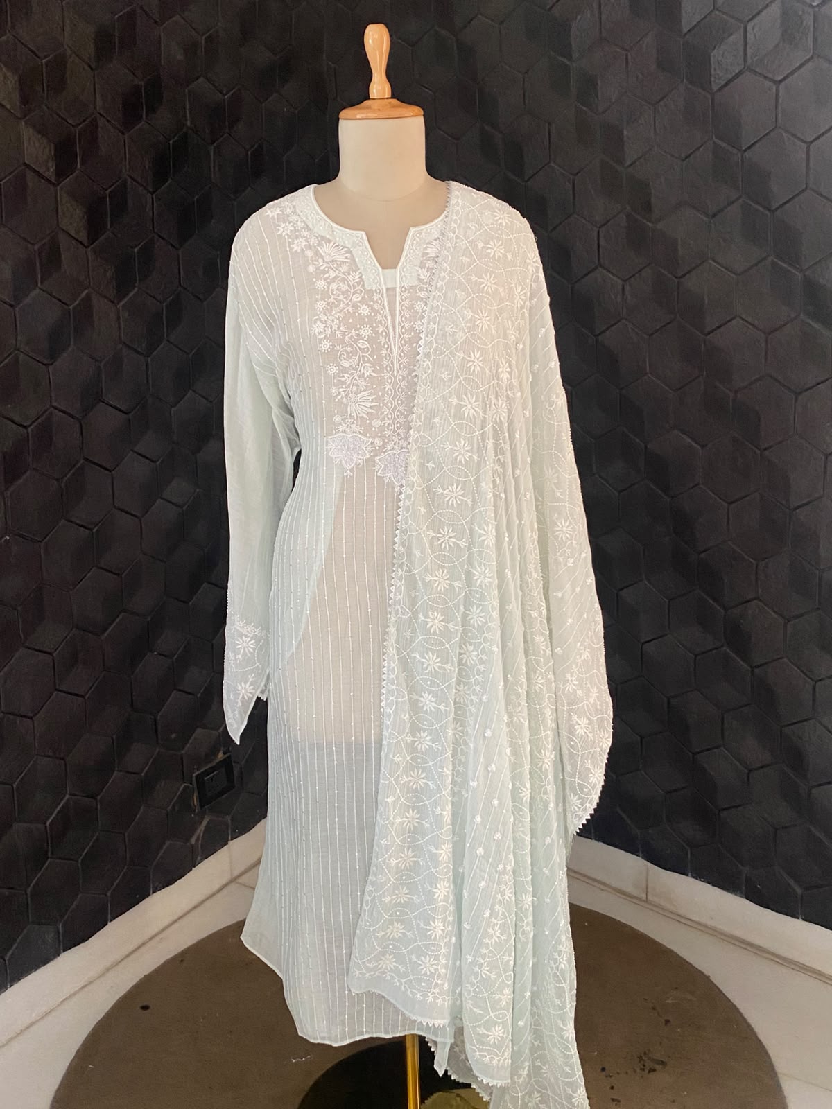 Icy Mint Chanderi Chikankari Kurta Set