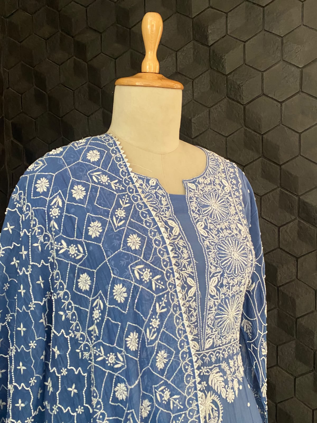 Cobalt Blue Mul Chanderi Chikankari Anarkali Set