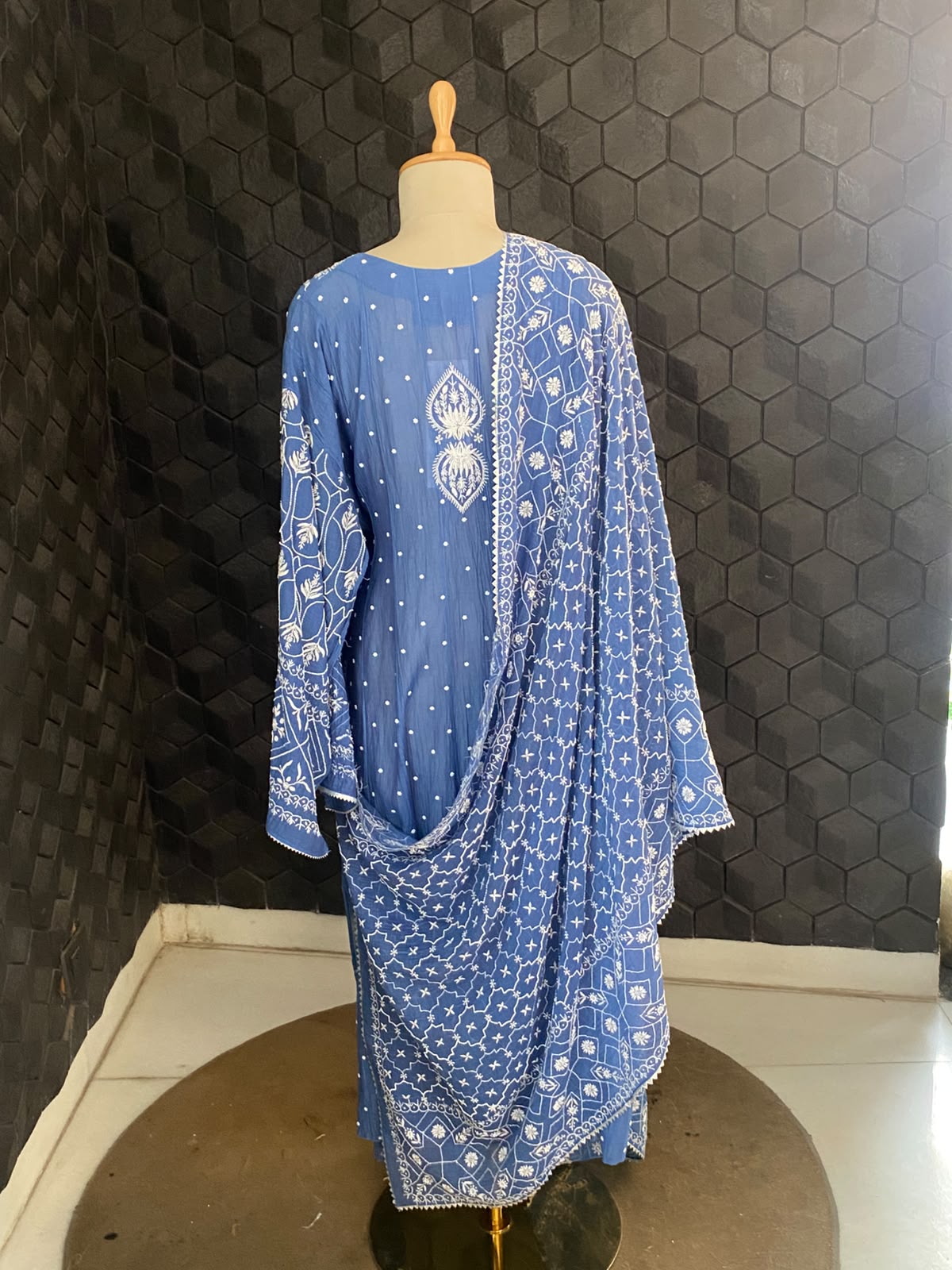 Cobalt Blue Mul Chanderi Chikankari Anarkali Set