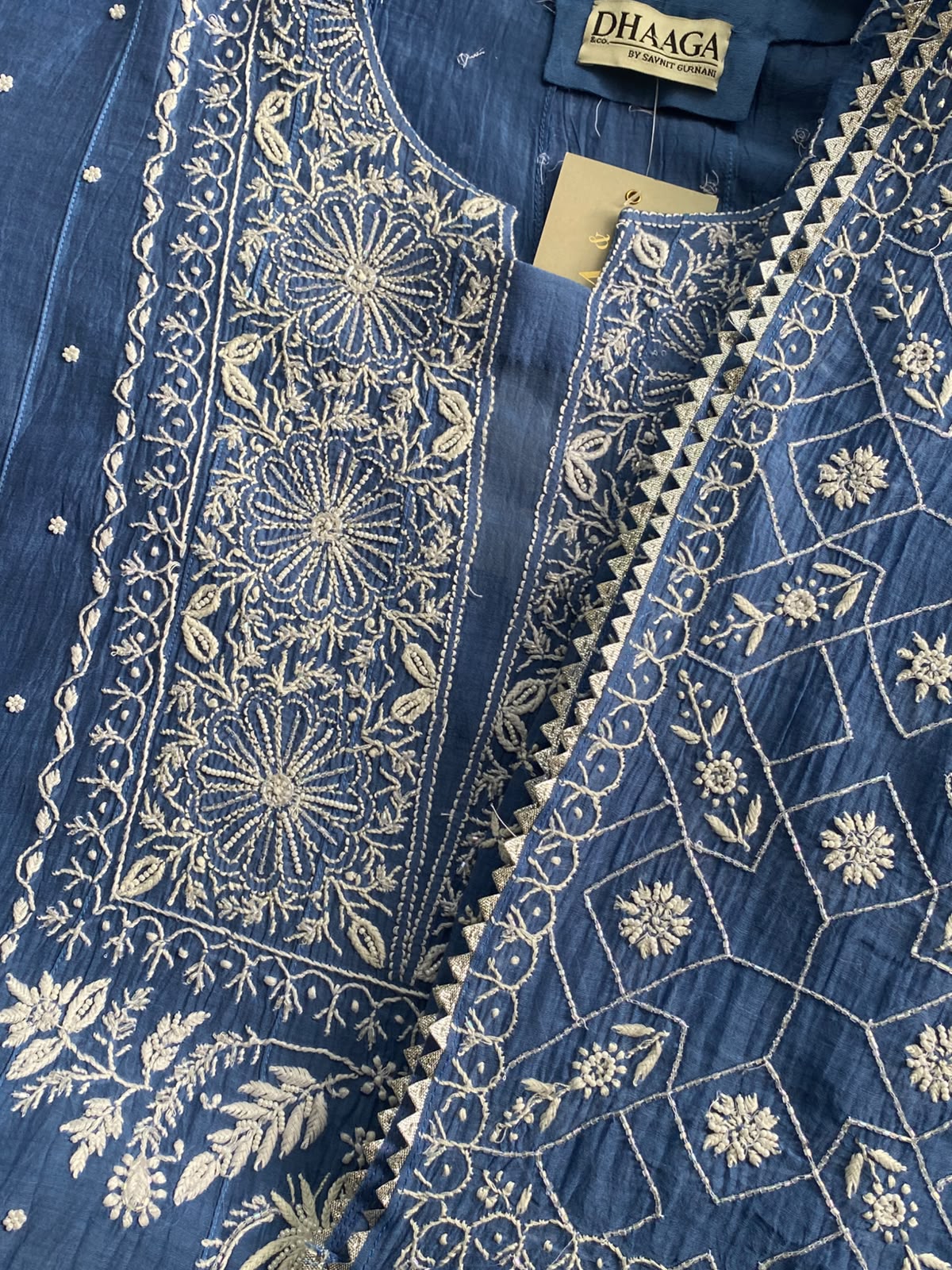 Cobalt Blue Mul Chanderi Chikankari Anarkali Set