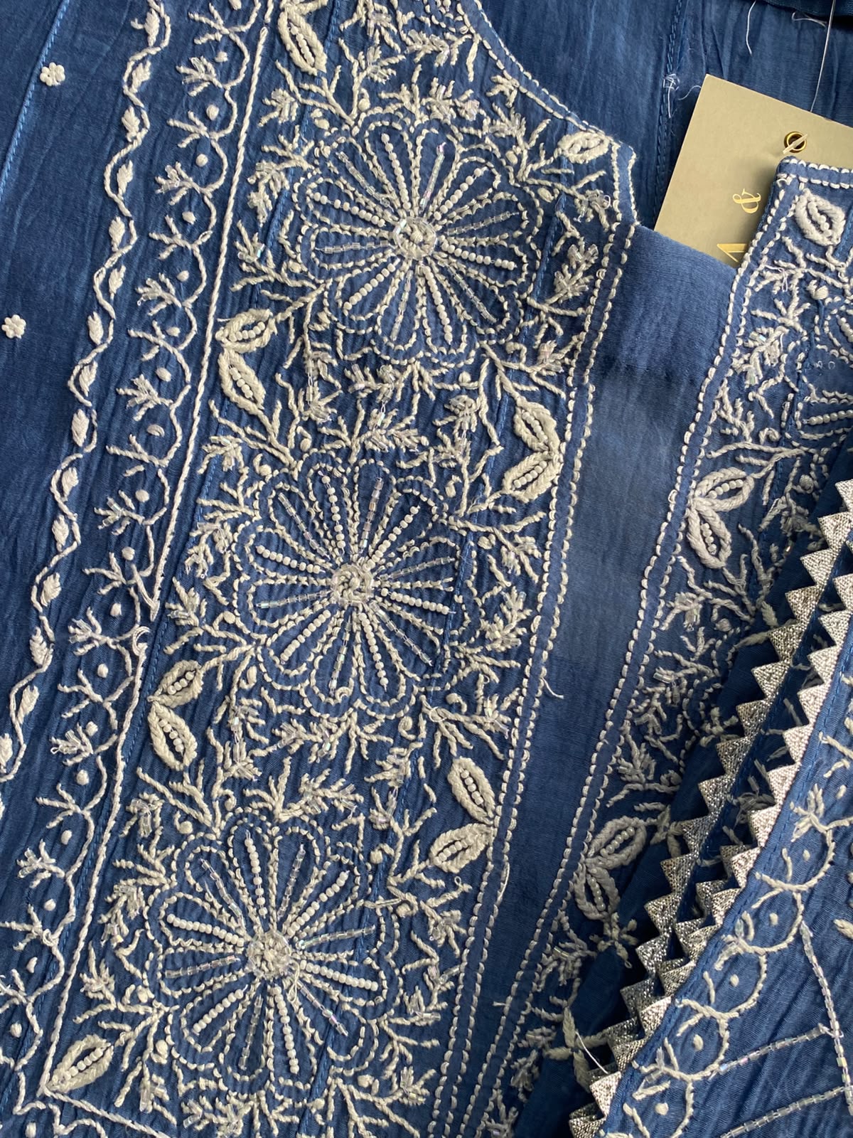 Cobalt Blue Mul Chanderi Chikankari Anarkali Set