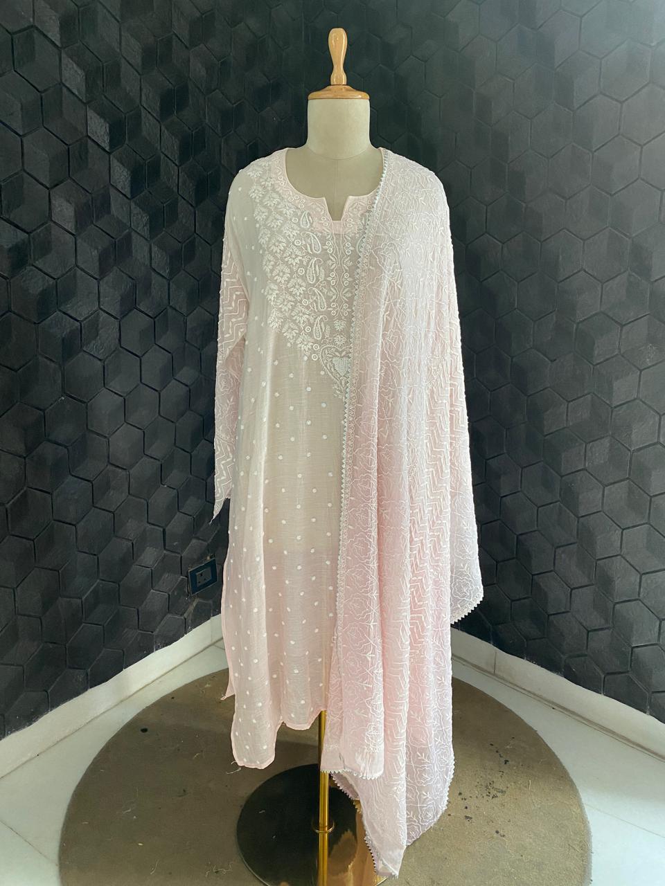 Pink mul chanderi chikankari kuta set