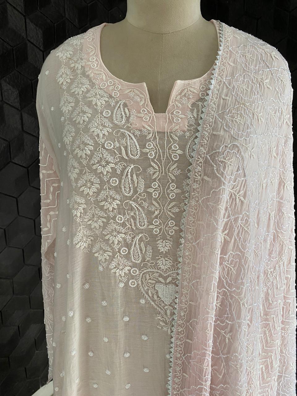 Pink mul chanderi chikankari kuta set