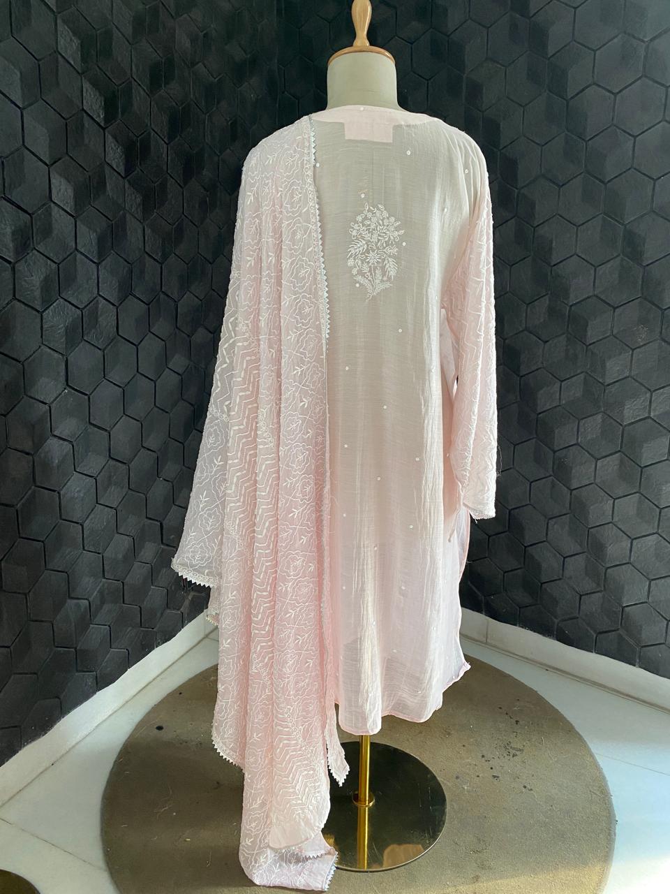 Pink mul chanderi chikankari kuta set