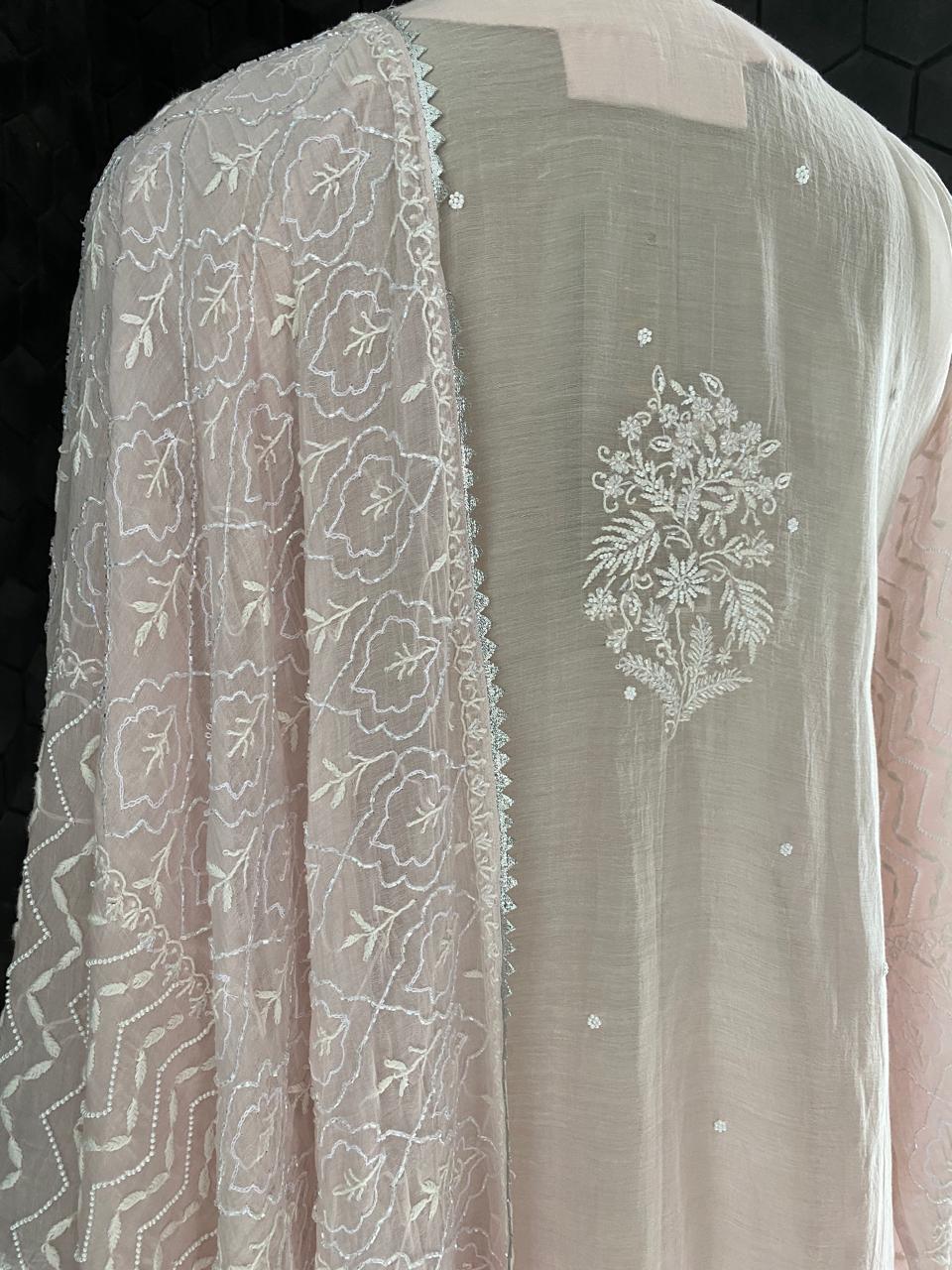 Pink mul chanderi chikankari kuta set