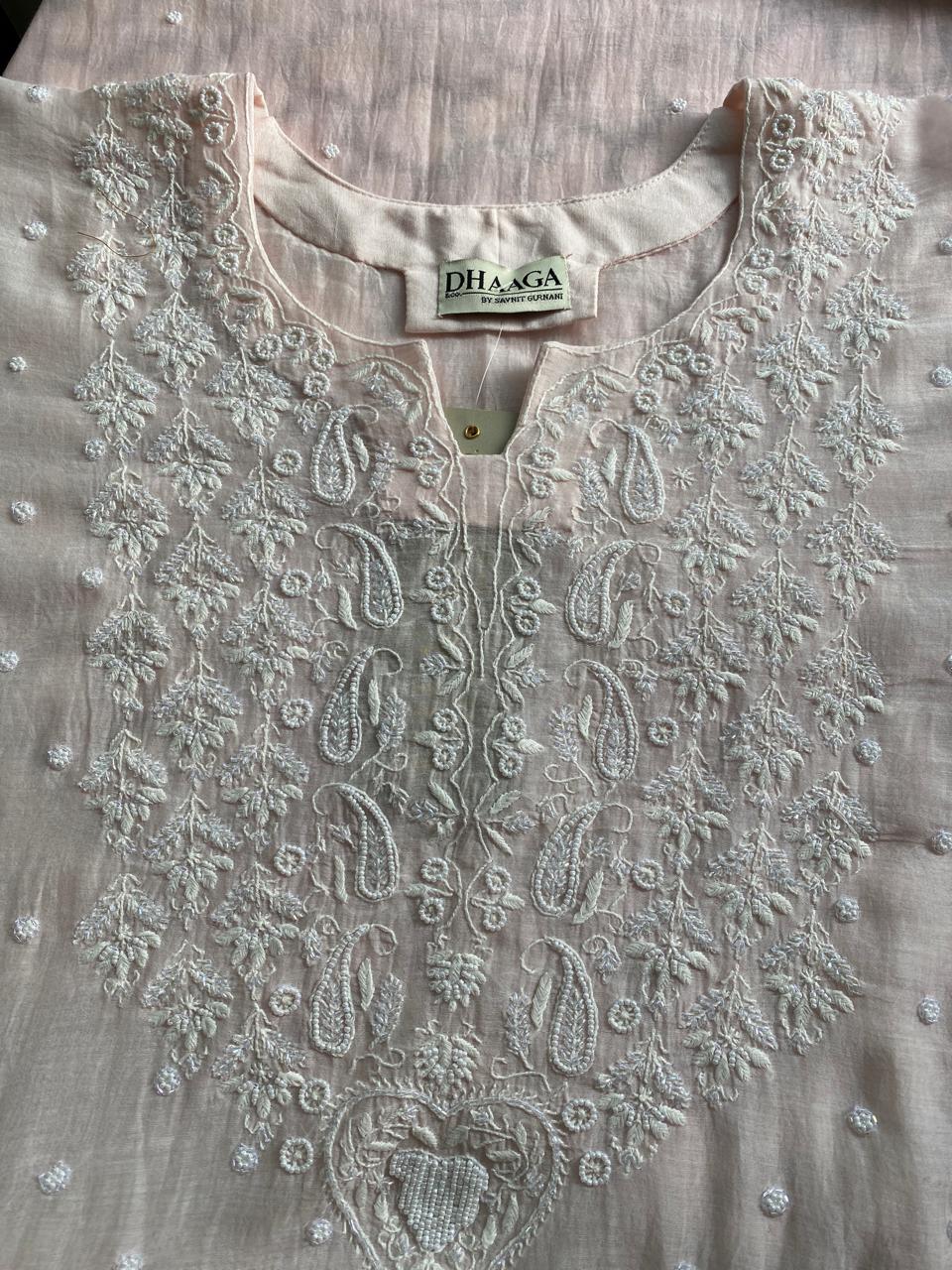 Pink mul chanderi chikankari kuta set