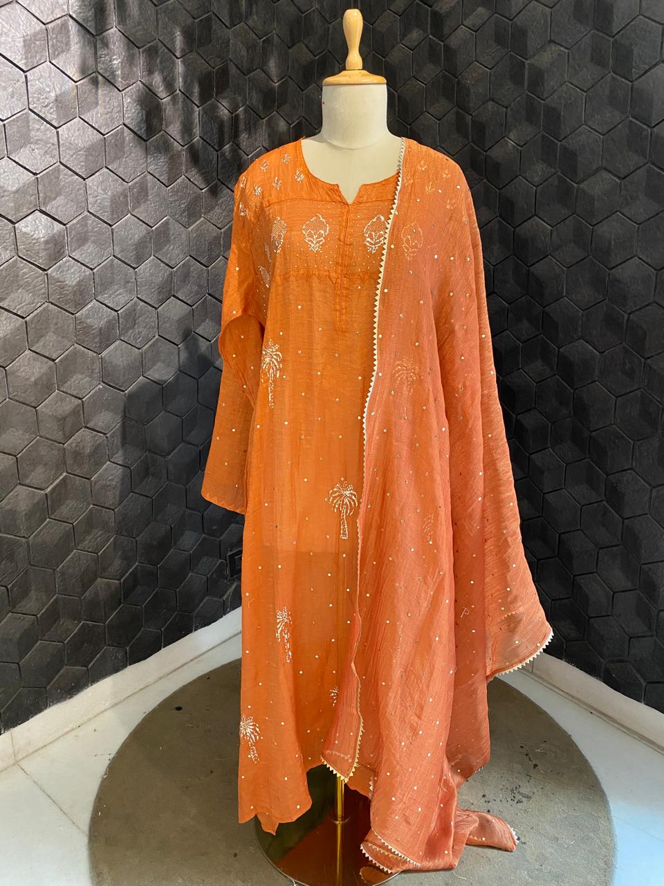 Rust Orange Mukaish Kurta Set