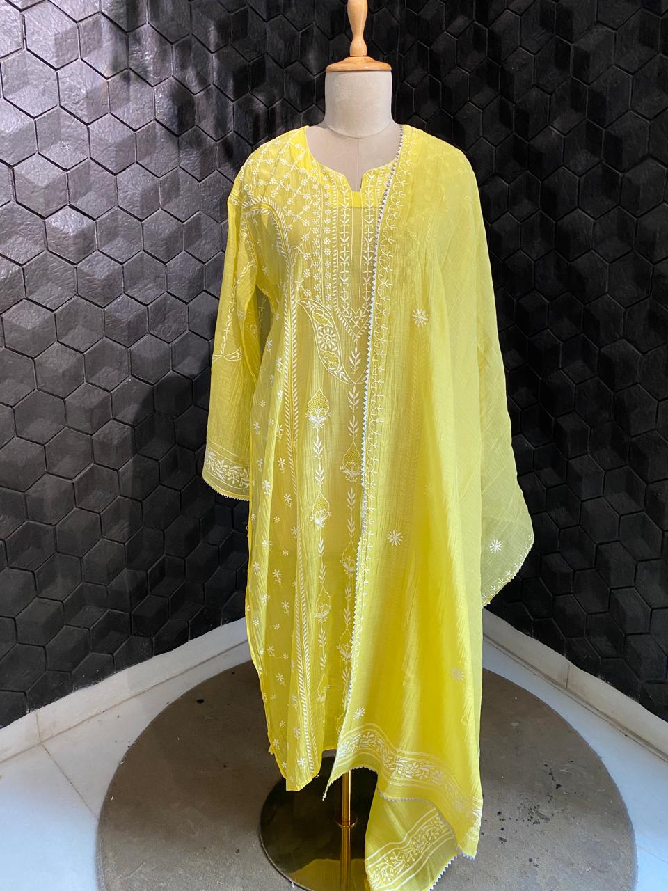 Yellow Mul Chanderi Chikankari Kurta Set