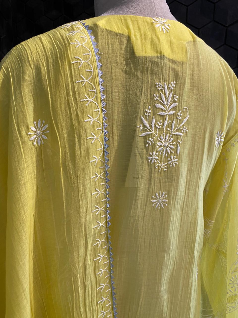 Yellow Mul Chanderi Chikankari Kurta Set
