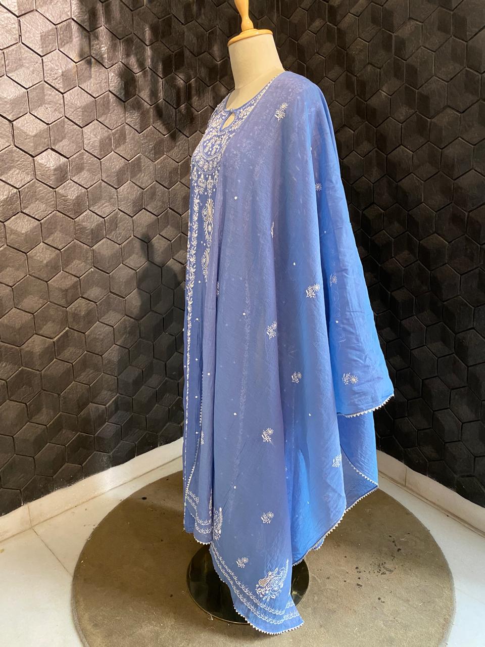 Cobalt Blue Mul Chanderi Anarkali kurta Set
