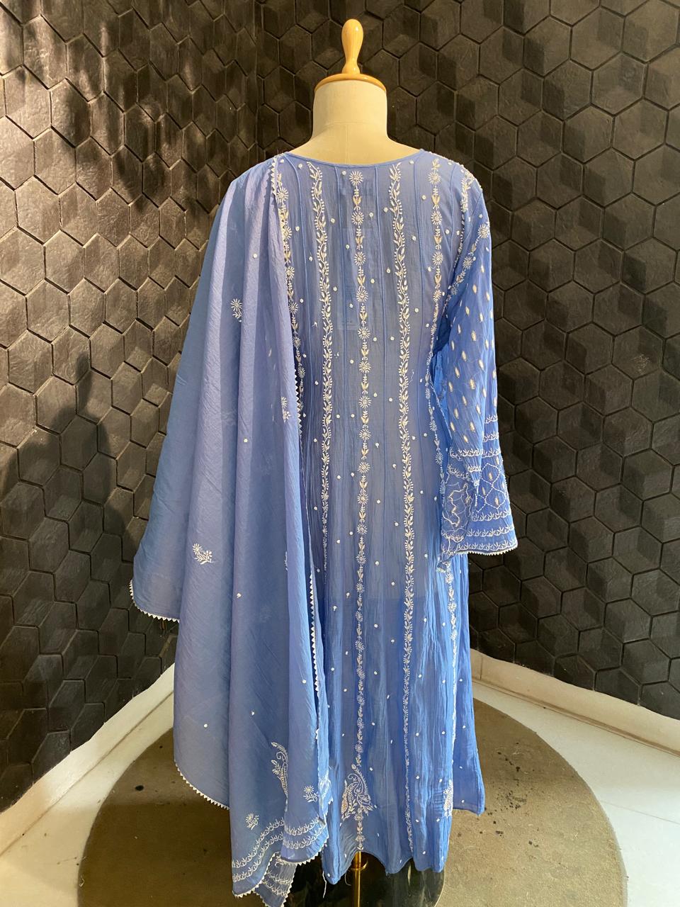 Cobalt Blue Mul Chanderi Anarkali kurta Set