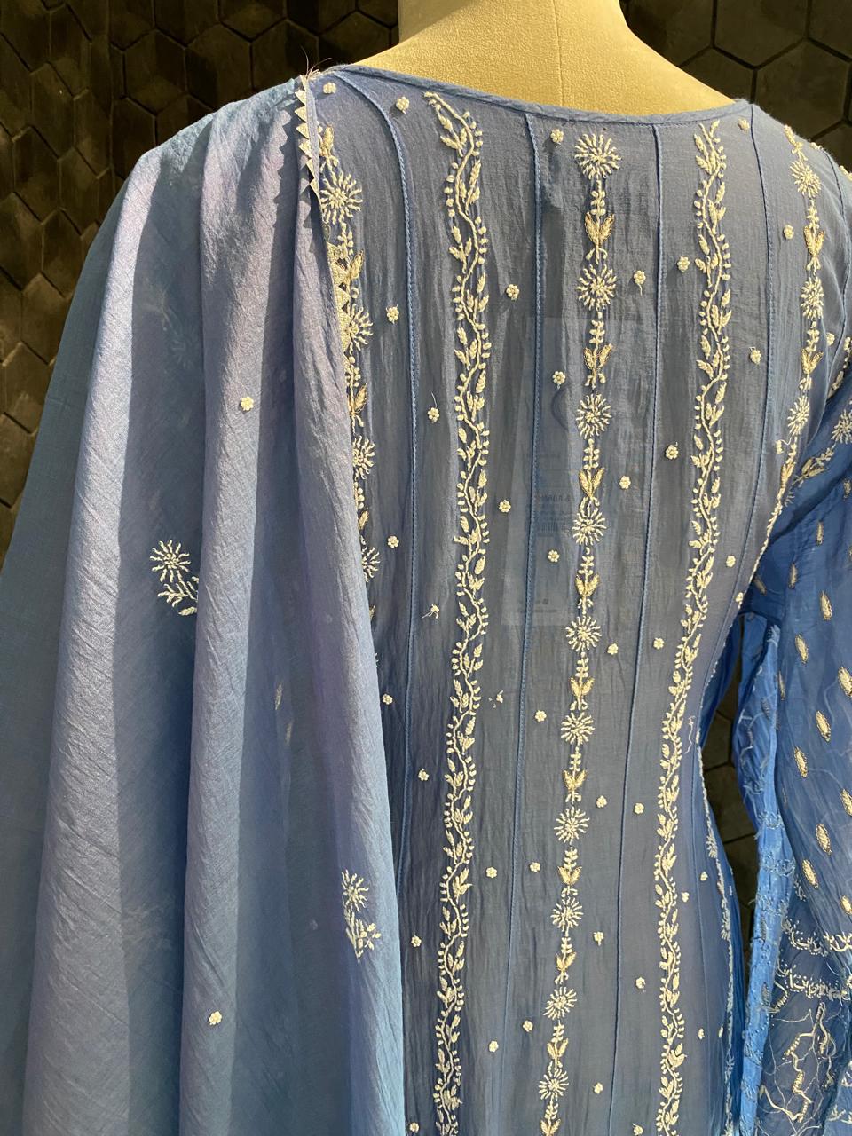 Cobalt Blue Mul Chanderi Anarkali kurta Set