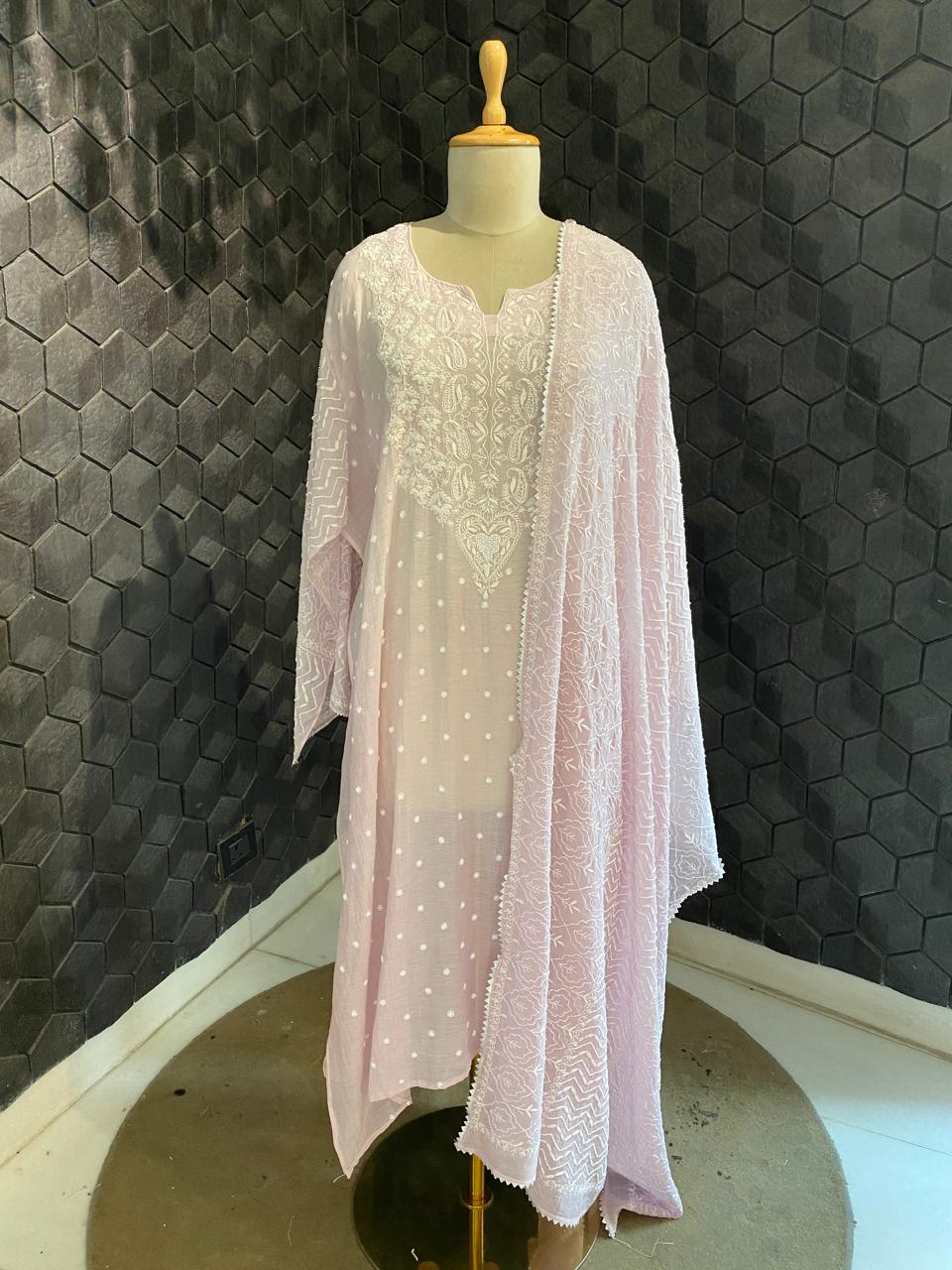Lilac Mul Chanderi Chikankari Kurta Set