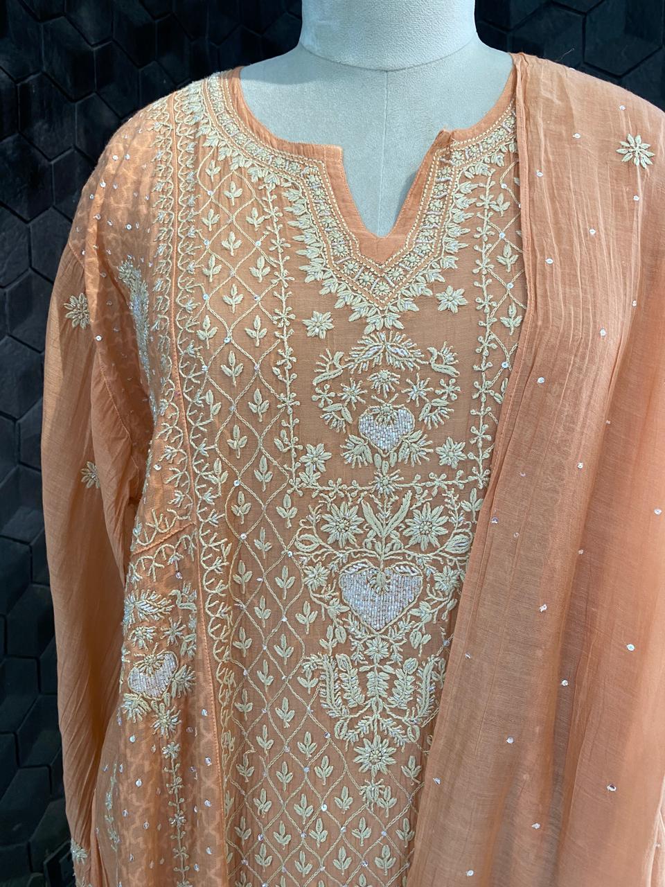 Orange mul chanderi chikankari Anarkali kurta set