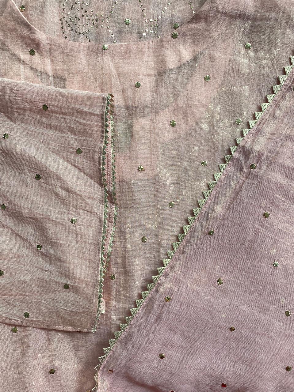 pink Golden Tissue chikankari kurta set