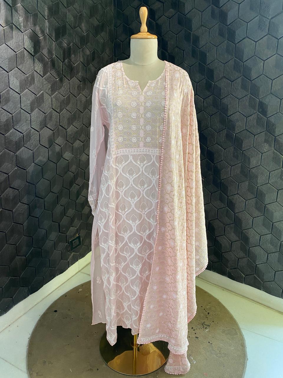 Pink Mul Chanderi Chikankari Kurta Set