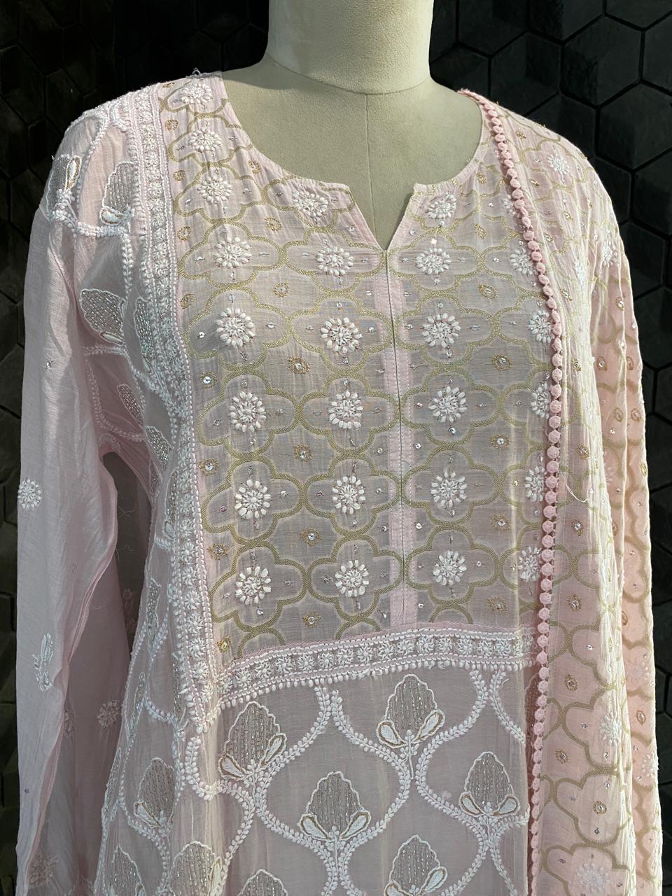 Pink Mul Chanderi Chikankari Kurta Set