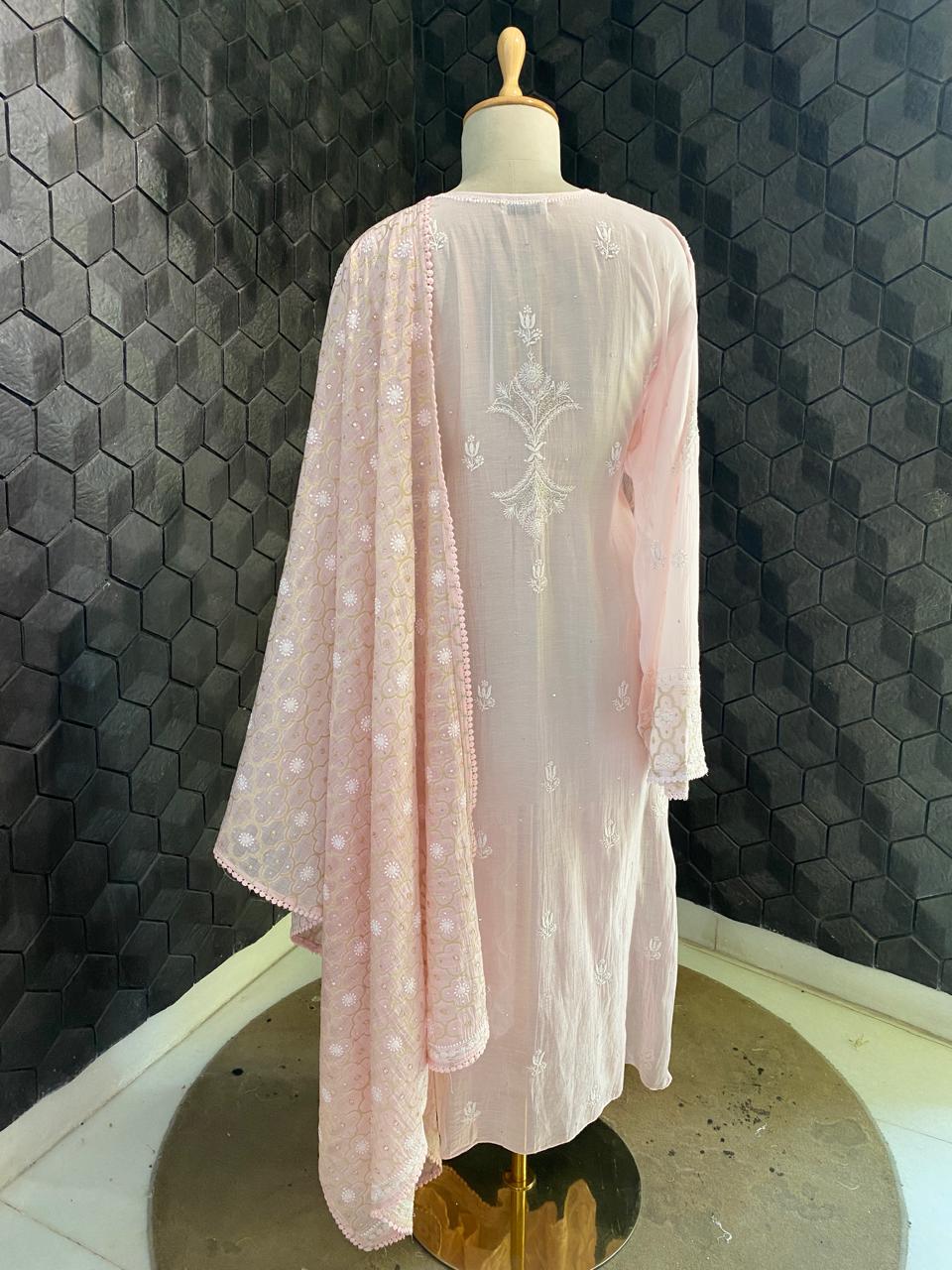 Pink Mul Chanderi Chikankari Kurta Set