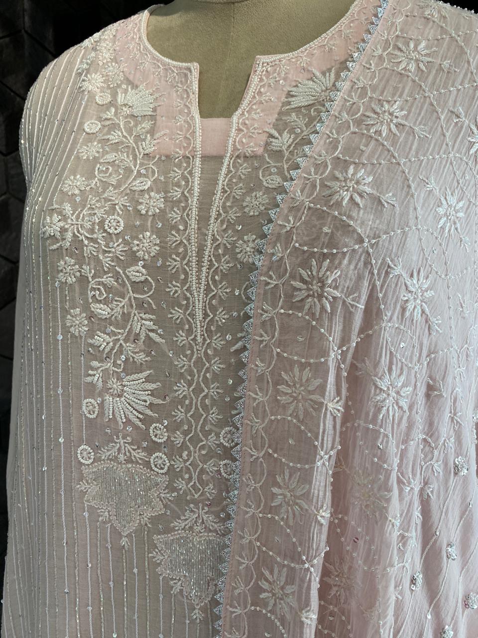 pink mul chanderi chikankari kurta set