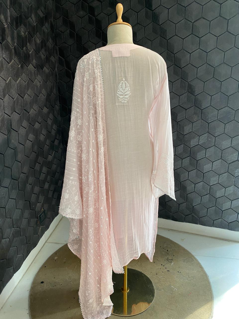 pink mul chanderi chikankari kurta set