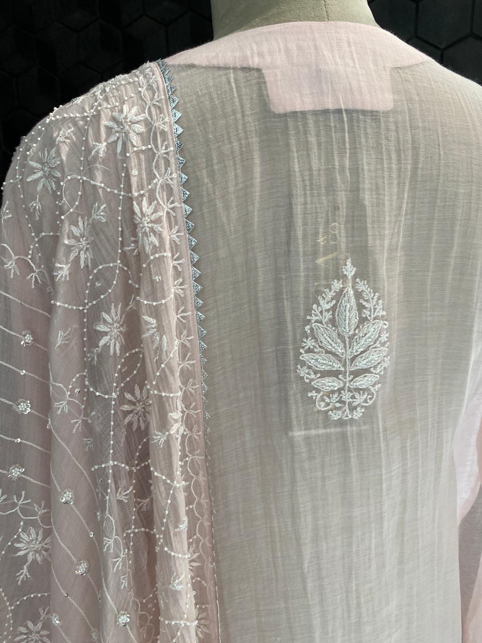 pink mul chanderi chikankari kurta set