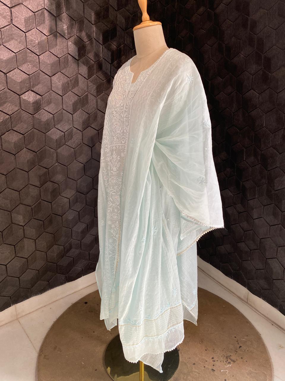Icy Mint Chanderi Chikankari Kurta Set