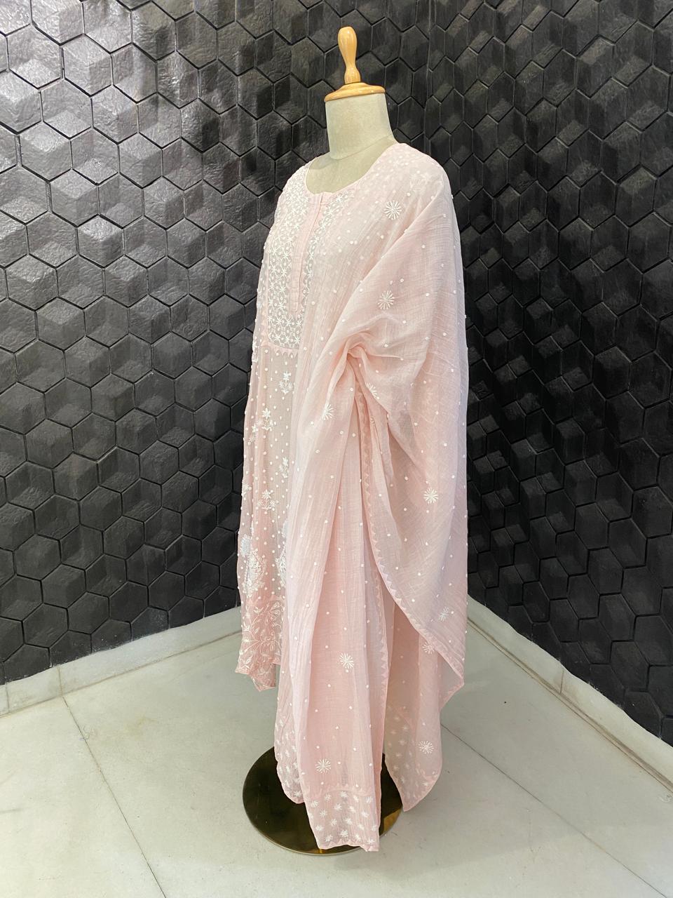 Pink Mul Chanderi Chikankari Kurta Set