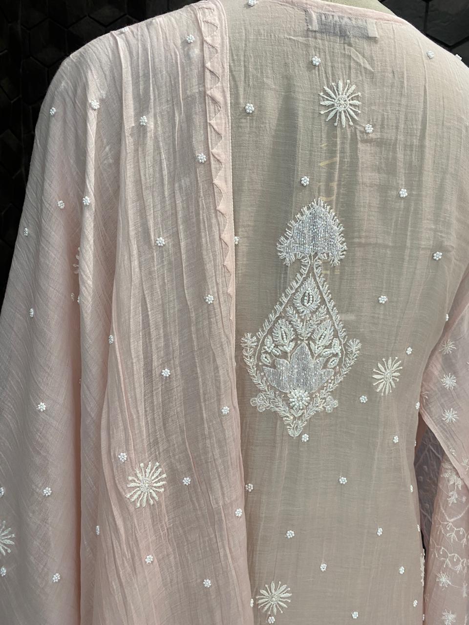 Pink Mul Chanderi Chikankari Kurta Set