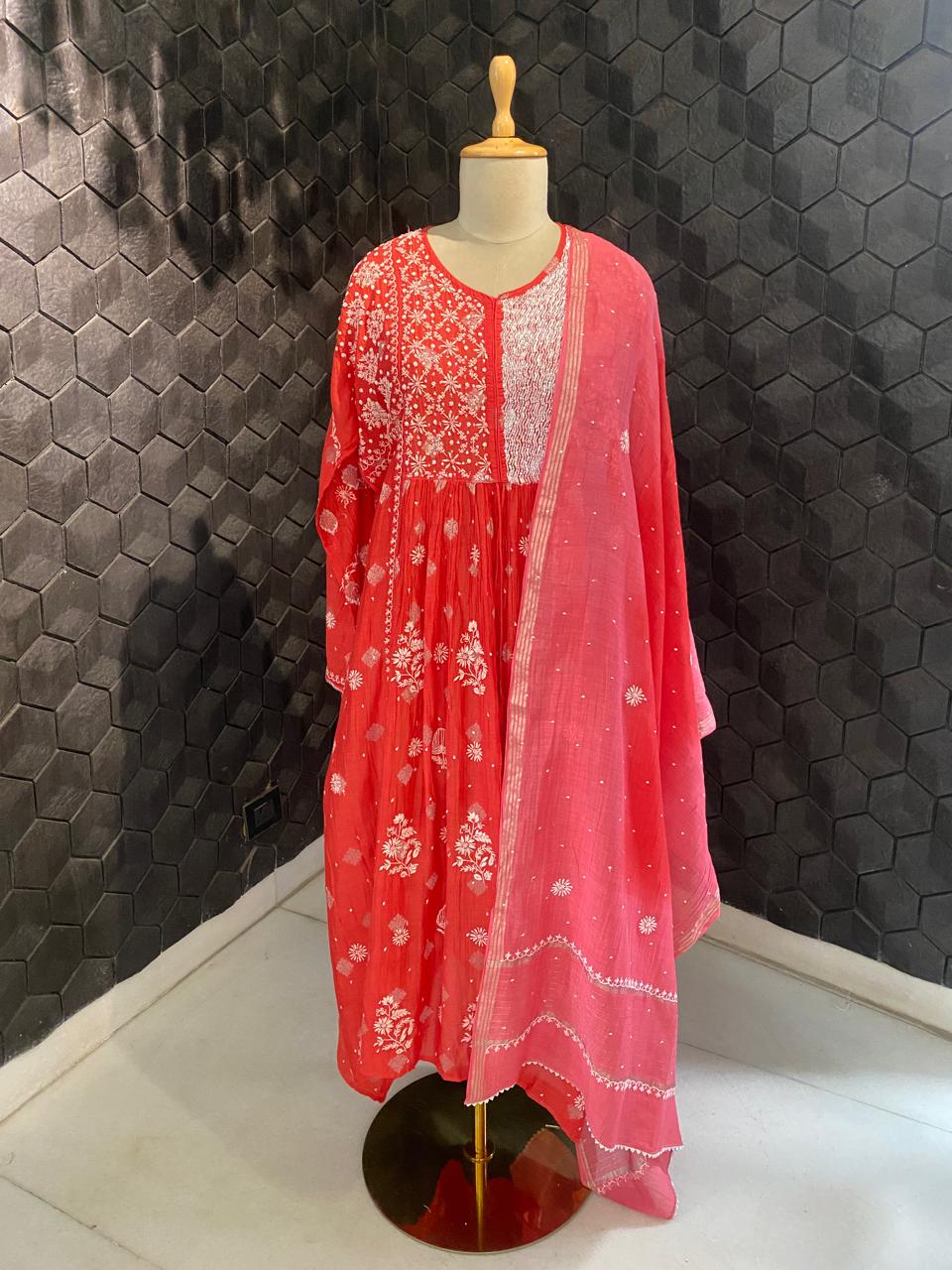 Fuschia pink mul chanderi with yoke gatheres kurta set