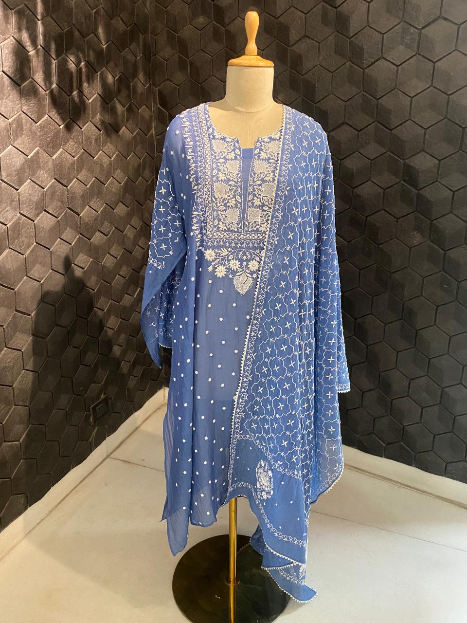 Cobalt Blue Mul Chanderi chikankari Kurta set