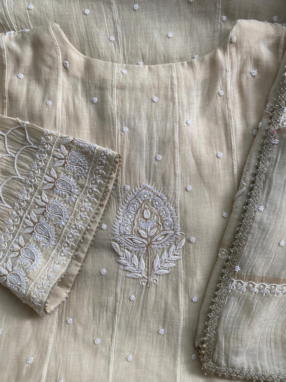 Cream Mul Chanderi Chikankari Anarkali Set